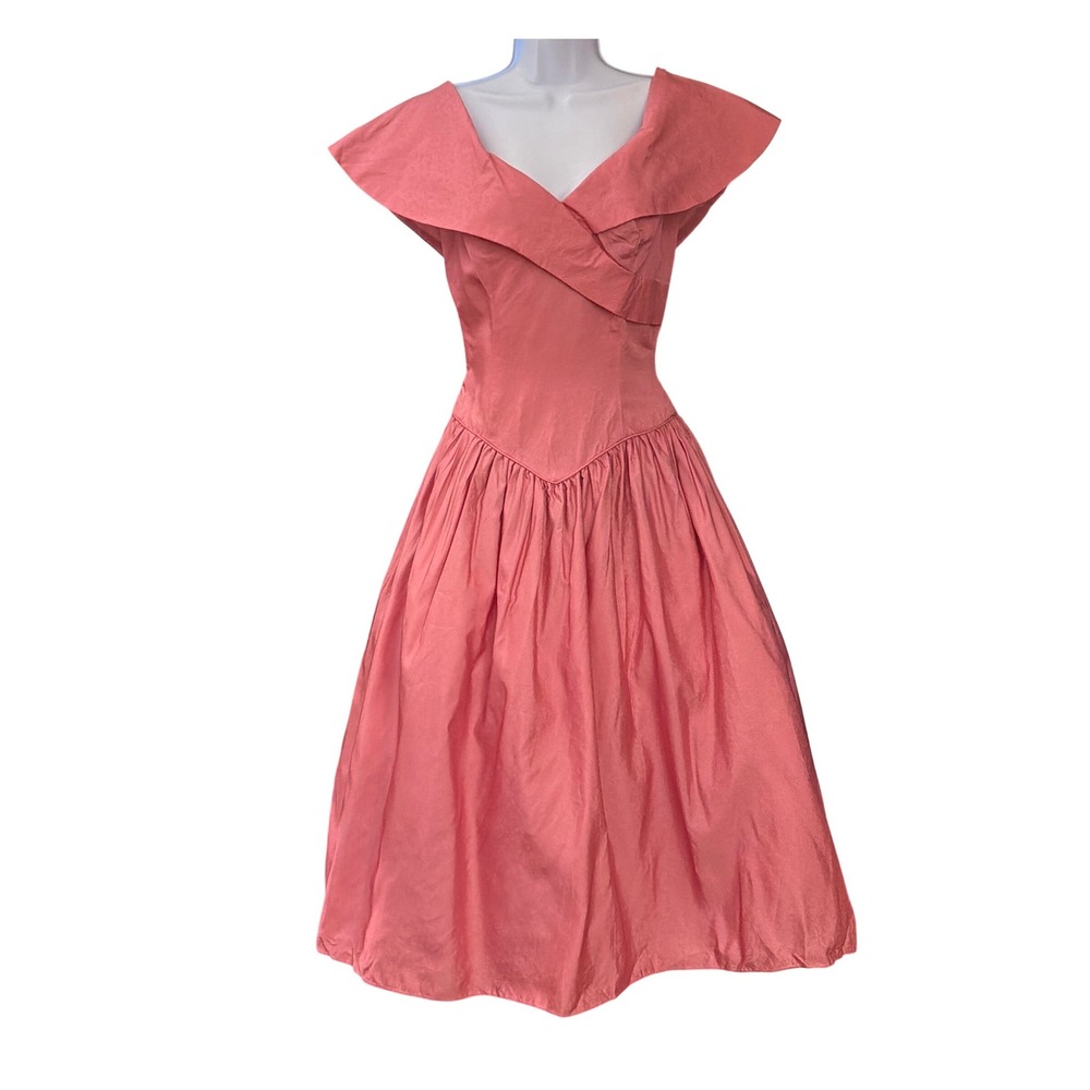 Vintage Lizette Creations Formal Dress Portrait Collar Drop Waist Pink Regency